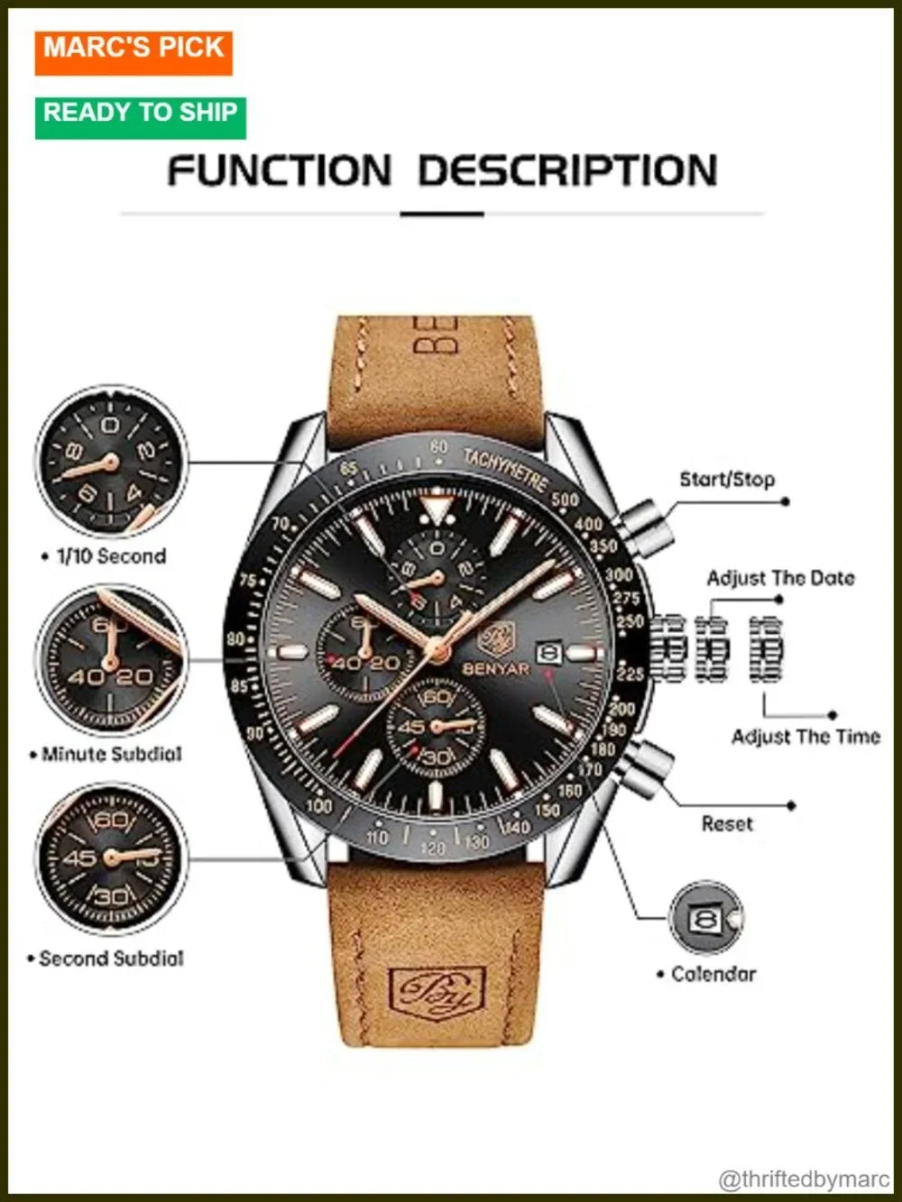 45mm Quartz Chronograph Waterproof Leather Strap Watch